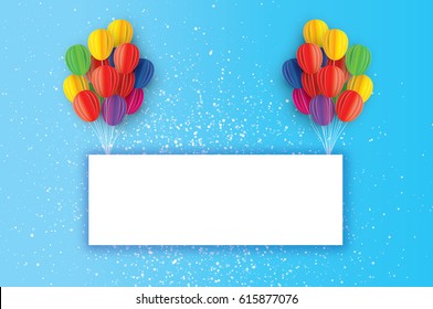 Colorful Flying Paper cut balloons. Happy Birthday Greeting card. Origami Rectangle frame - space for text.