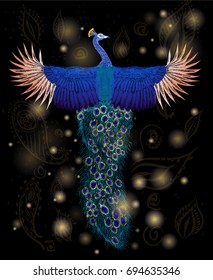 Colorful flying peacock on the black background with lights and paisley. Paradise animal. Nature pattern of feathers. Vector isolated illustration. Hand drawn detailed sketch for Book with fairy tales