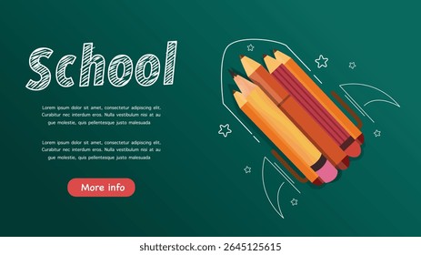Colorful flying pencils on green board with space for educational text and design elements