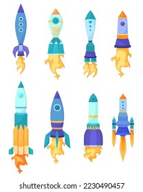 Colorful flying rockets vector illustration set. Eight blue rockets with fire from turbine isolated on white background. Development, space concept.