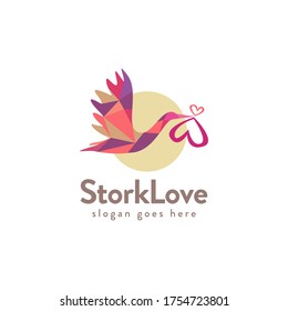 Colorful Flying Stork carrying Love Logo Icon vector template on white background, spread the love logo