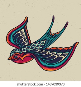 Colorful flying swallow template in vintage style on light background isolated vector illustration