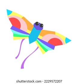 Colorful flying wind kite. Vector illustration. Flying kite with tales, ribbons and ornaments. Toy, wind, festival concept