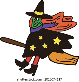 colorful flying witch with bloom illustration