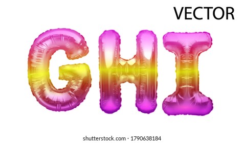 Colorful foil balloon alphabet set of letters G, H, I realistic 3d illustration metal balloon. The balloon alphabet collection is ready for use in titles.You can easily change the color.