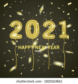 Colorful foil balloons made numbers 2021 on dark background. Happy new year celebration party. Greetings and congratulation concept. Vector eps 10 format