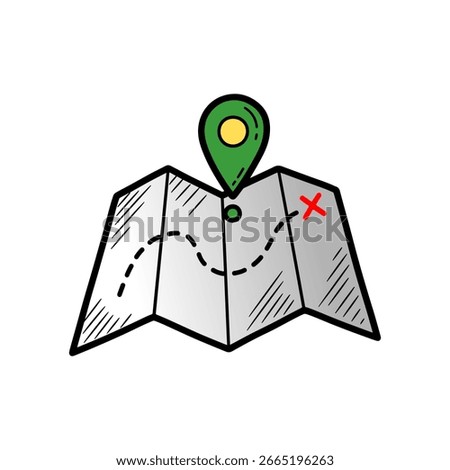 Colorful Folded Map with Location Pin and Treasure Route Destination Mark