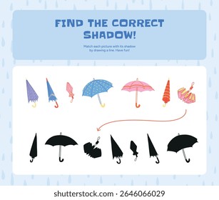 Colorful folded and open Umbrellas in different shapes and styles. Kids puzzle game to match each Umbrella with correct black Shadow silhouette. Illustration for children educational activity game