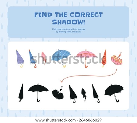 Colorful folded and open Umbrellas in different shapes and styles. Kids puzzle game to match each Umbrella with correct black Shadow silhouette. Illustration for children educational activity game