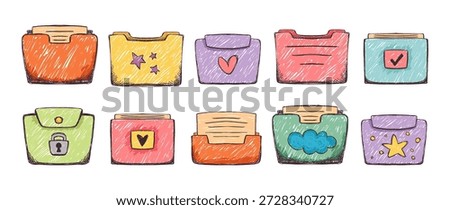 Colorful folder icon set in crayon, marker hand drawn style with documents and files, arrows, heart, stars. Perfect for digital archive organization, computer interface design, and modern office illustrations. Vector collection