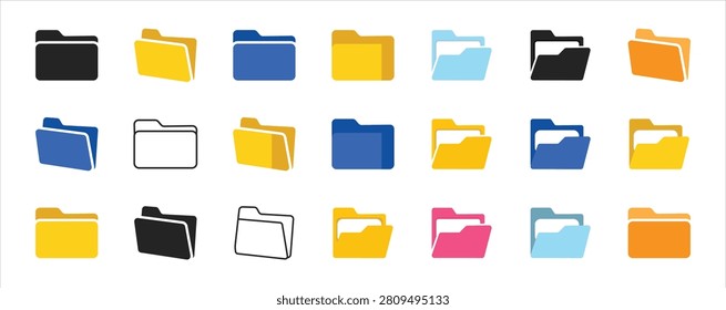 Colorful folder icons, in various colors and styles. perfect for file management apps, office folder icon with documents. folder for reports and archive cases. vector illustration. eps 10