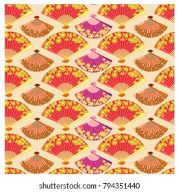 Colorful folding fans with chinese coins. Vector seamless pattern. 