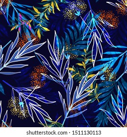 Follaje colorido Noche tropical Oscura Patrón transparente en el bosque con muchas plantas exóticas y hojas en vectores, Diseño para tela de moda, web, papel pintado y todas las impresiones en azul marino 