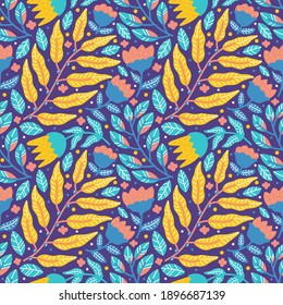 colorful foliage and flower seamless pattern. nature seamless pattern