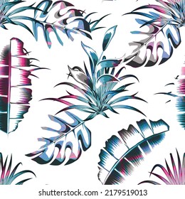 colorful foliage seamless pattern with abstract tropical banana monstera leaves plants on white background.