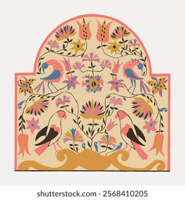 Colorful folk art design with birds and flowers. Birds and flowers in vibrant folk art style. Folk art pattern with intricate birds and flowers. Vintage art drawing, isolated vector element.