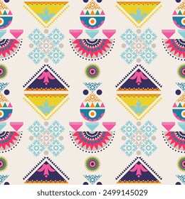 Colorful folk art geometric pattern. Vector folklore geometric abstract shape seamless pattern. Folk art geometric pattern use for fabric, textile, home decoration elements, upholstery, wrapping, etc.