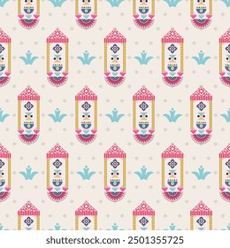 Colorful folk art geometric pattern. Vector folklore geometric floral shape seamless pattern. Folk art geometric pattern use for fabric, textile, home decoration elements, upholstery, wrapping, etc.