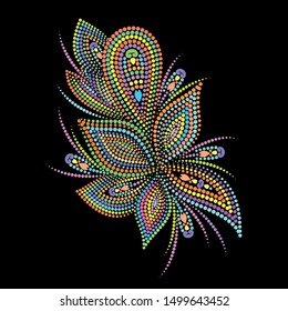 Colorful folk art pattern with paisley and dots. Traditional ethnic ornament. Object isolated on black background. Vector print.