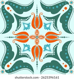 Colorful folk floral mandala seamless pattern with tulip motifs and dotted details, perfect for textiles, wallpapers, and wrapping paper.