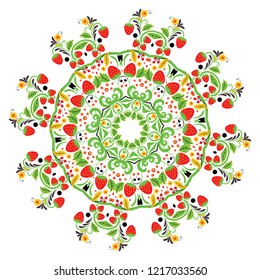 Colorful folk floral ornament with strawberries illustration.