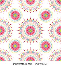 Colorful folk mandala pattern. Seamless vector ethnic background with abstract flowers on white background