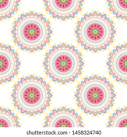 Colorful folk mandala pattern. Seamless vector ethnic background with abstract flowers on white background
