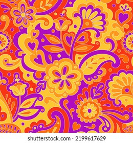 Colorful folk psychedelic seamless pattern. Retro ethnic ornament. Vintage vector background. Hippie 70s styled groovy textile print. Floral motifs