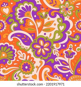 Colorful folk psychedelic seamless pattern. Retro ethnic ornament. Vintage vector background. Hippie 70s styled groovy textile print. Floral motifs