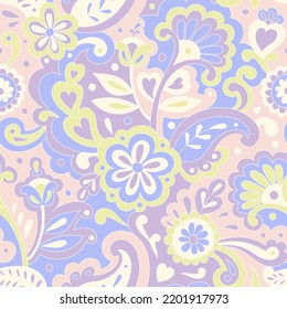 Colorful folk psychedelic seamless pattern. Retro ethnic ornament. Vintage vector background. Hippie 70s styled groovy textile print. Floral motifs