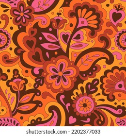 Colorful folk psychedelic seamless pattern. Retro ethnic ornament. Vintage vector background. Hippie 70s styled groovy textile print. Floral motifs