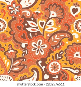 Motif harmonieux de folk psychédélique et coloré. L'ornement ethnique rétro. Arrière-plan vectoriel vintage. Impression textile groovy de style hippie des années 70. Motifs floraux