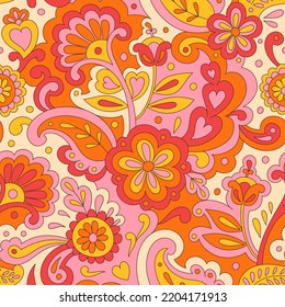 Colorful folk psychedelic seamless pattern. Retro ethnic ornament. Vintage vector background. Hippie 70s styled groovy textile print. Floral motifs