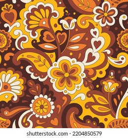 Colorful folk psychedelic seamless pattern. Retro ethnic ornament. Vintage vector background. Hippie 70s styled groovy textile print. Floral motifs