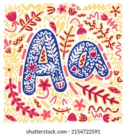 Colorful folk scandinavian vector poster with latin capital and uppercase letter A. Fun collection of floral doodles with ornaments for print, typography, kids, postcards, textiles, decor, interior