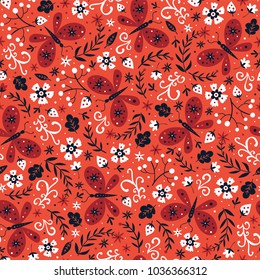 Colorful folk vector seamless pattern with butterflies and flowers.