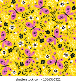 Colorful folk vector seamless pattern with butterflies and flowers.