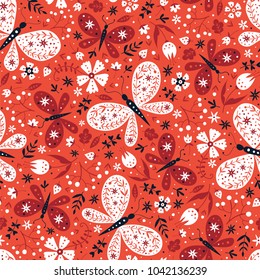 Colorful folk vector seamless pattern with butterflies and flowers.