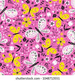 Colorful folk vector seamless pattern with butterflies and flowers.