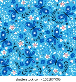 Colorful folk vector seamless pattern with butterflies and flowers.