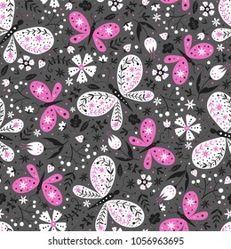 Colorful folk vector seamless pattern with butterflies and flowers.