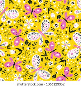 Colorful folk vector seamless pattern with butterflies and flowers.