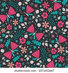 Colorful folk vector seamless pattern with butterflies and flowers.