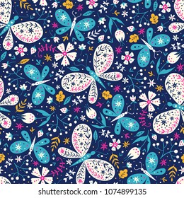 Colorful folk vector seamless pattern with butterflies and flowers.