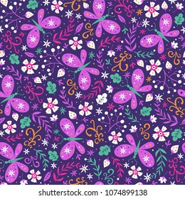 Colorful folk vector seamless pattern with butterflies and flowers.