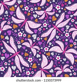 Colorful folk vector seamless pattern with butterflies and floral elemens.