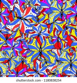 Colorful folk vector seamless pattern with butterflies. Suitable for packaging, paper, fabric. Colored butterflies on a blue, white and black background.