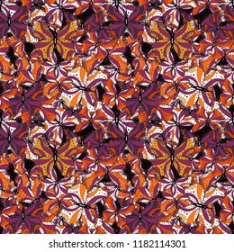 Colorful folk vector seamless pattern with butterflies. Suitable for packaging, paper, fabric. Colored butterflies on a purple, black and orange background.