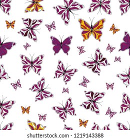 Colorful folk vector seamless pattern with butterflies. Suitable for packaging, paper, fabric. Colored butterflies on a purple, white and black background.