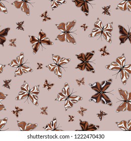 Colorful folk vector seamless pattern with butterflies. Suitable for packaging, paper, fabric. Colored butterflies on a neutral, brown and white background.